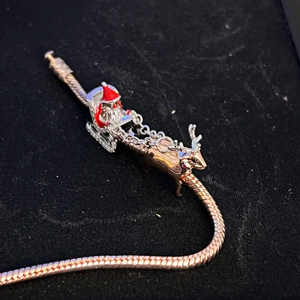 Double Christmas Charm Silver Santa Claus Charm Chained To A Reindeer Charm - Picture 3 of 7